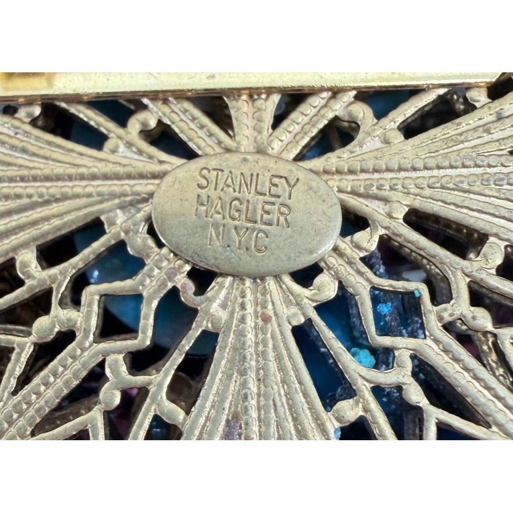 Stanley Hagler NYC Vintage Beaded Floral Brooch Turquoise Purple Gold Filigree - Picture 6 of 6